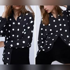 Zara Polka Dot Textured Pom Pom Button Front Sheer Long Sleeve Blouse Medium